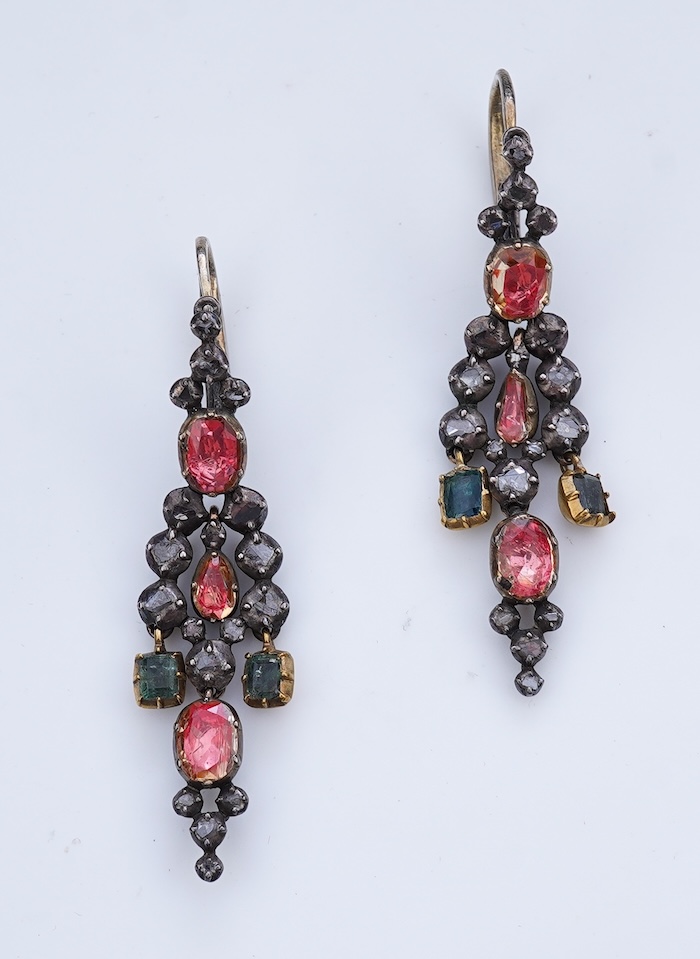 A pair of emerald, topaz and diamond earrings, 19th century